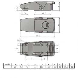 Чертёж натяжной защёлки с замком DKS 2-2 с размерами